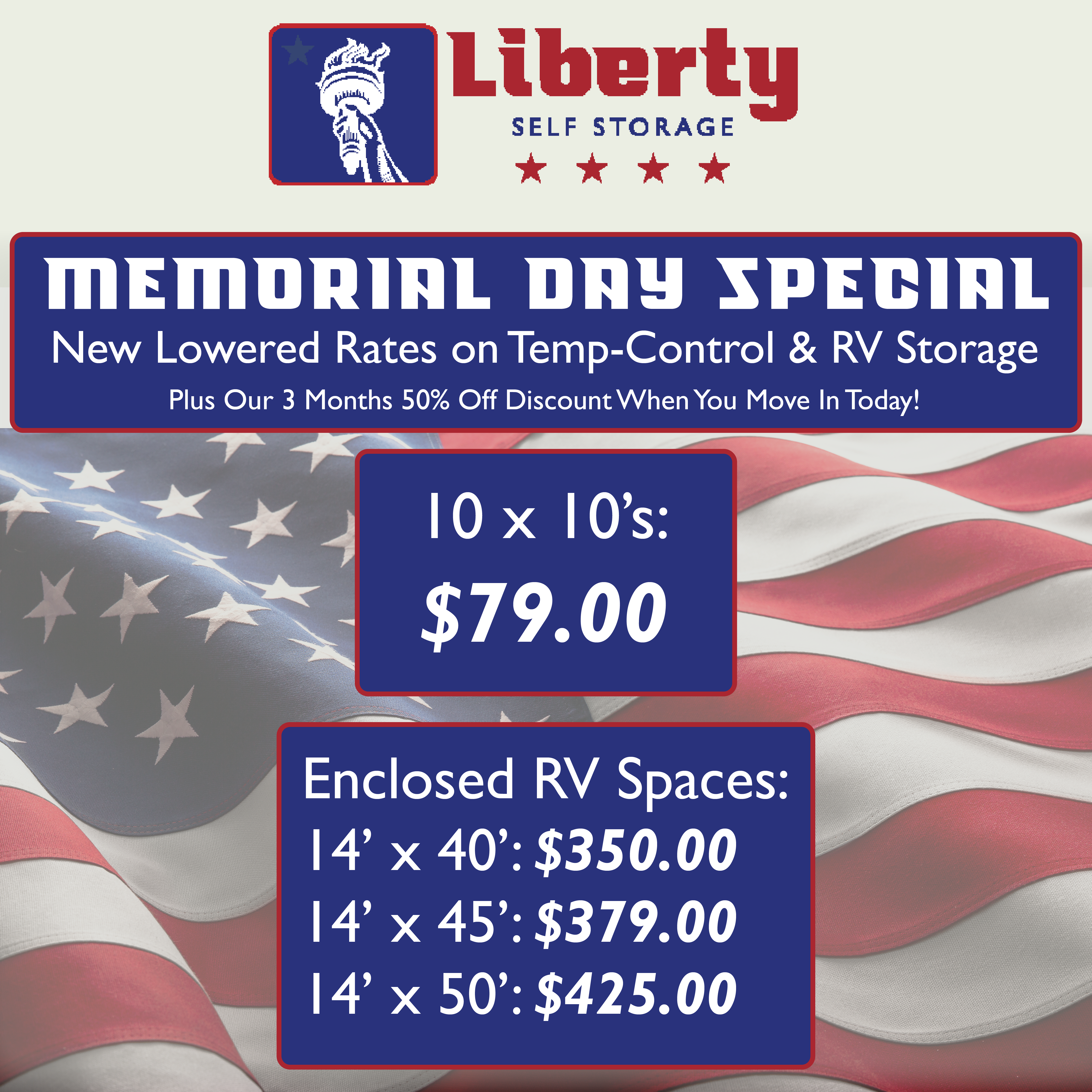 Temp Control & Enclosed Parking Rates & Discount Memorial Day Storage Special on Self Storage Units
